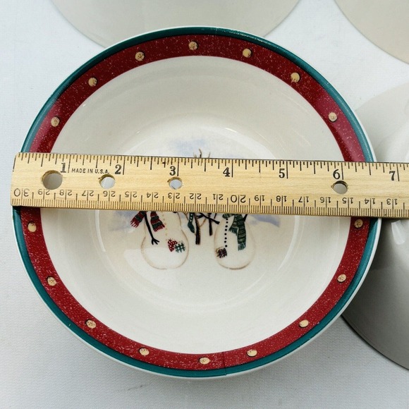 Royal Seasons Snowmen 4 Soup‎ Bowl Lot 6.75" Cereal Red Band Dots Green Trim - Picture 5 of 6